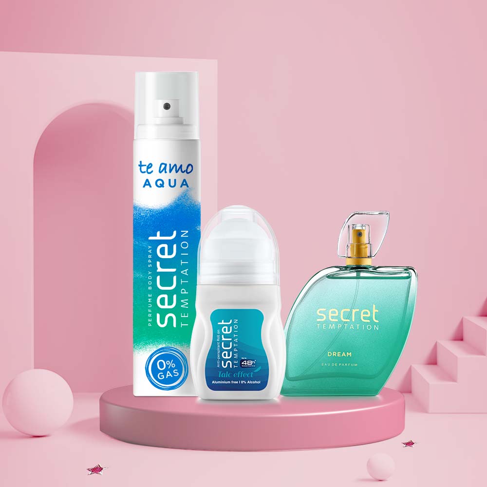 Gift Box with Te Amo Aqua 120ml, Talc Effect Roll On 50ml and Dream Perfume 50ml