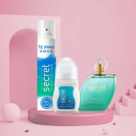 Gift Box with Te Amo Aqua 120ml, Talc Effect Roll On 50ml and Dream Perfume 50ml