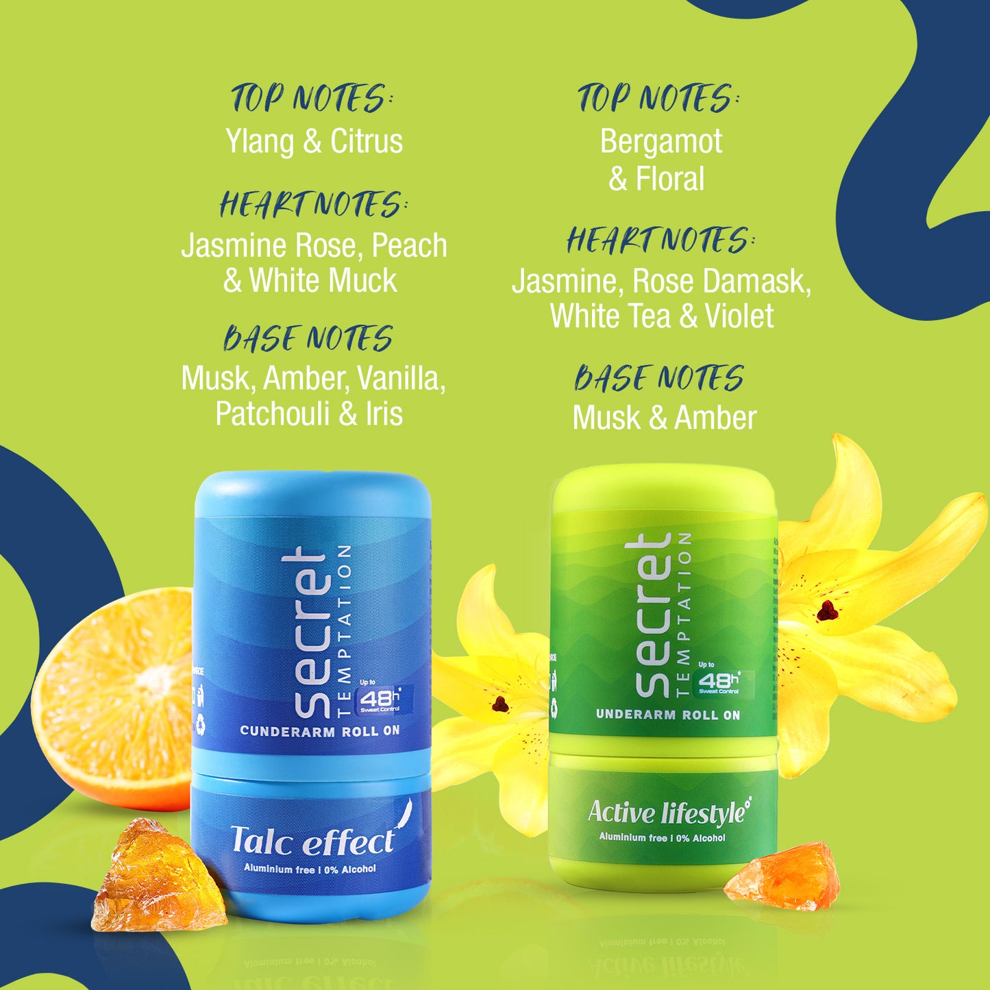 Active Lifestyle and Talc Effect Roll On, Pack of 2 (50ml each)