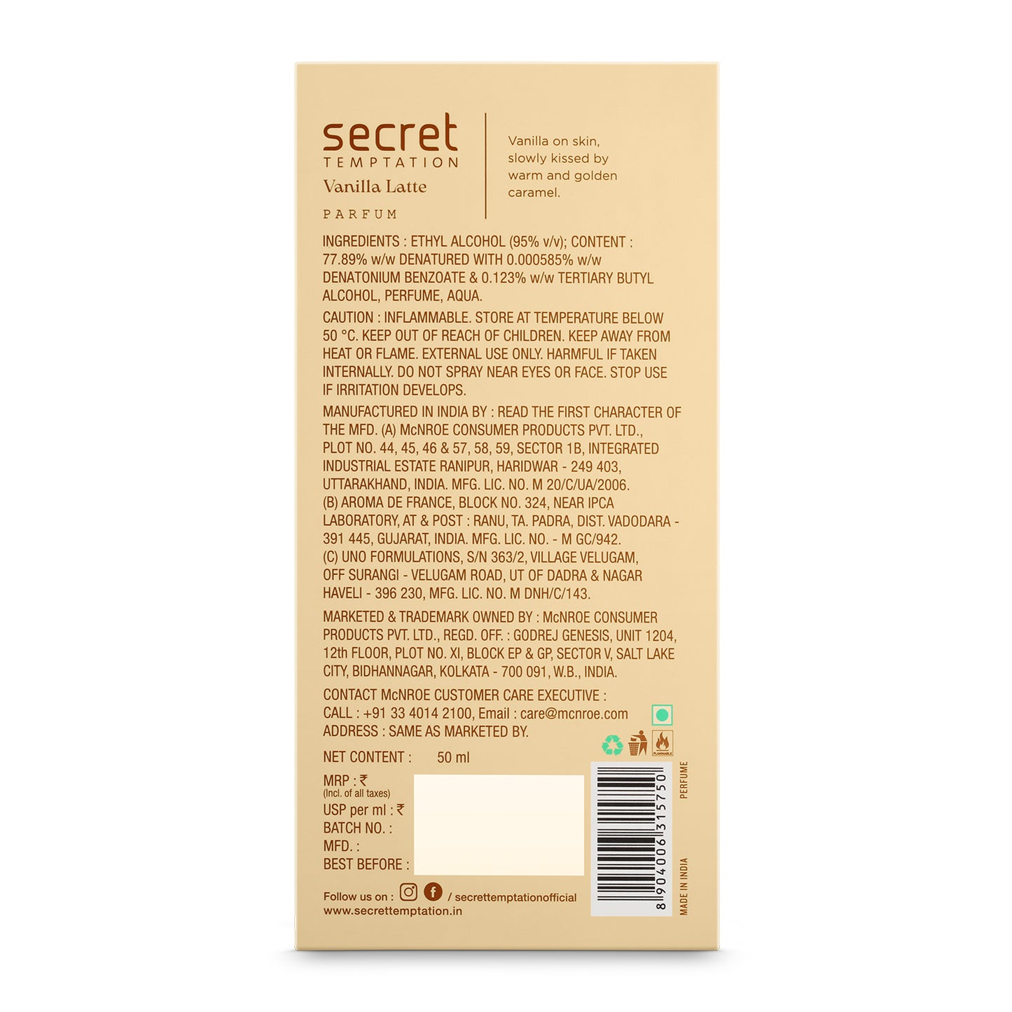 Secret Temptation Vanilla Latte Perfume for Women, 50ml | Long Lasting Perfume | Vanilla Fragrance for Women | Sweet Gourmand Ladies Perfume I 20% Perfume Oil