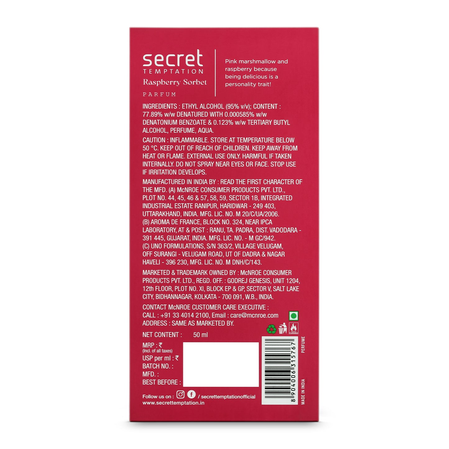 Secret Temptation Raspberry Sorbet Perfume for Women, 50ml | Long Lasting Perfume | Fruity Gourmand Fragrance for Women | Fresh Ladies Perfume I 20% Perfume Oil