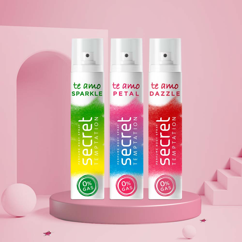 Gift Pack with Te Amo Dazzle, Petal and Sparkle No Gas Deodorants (120ml each)