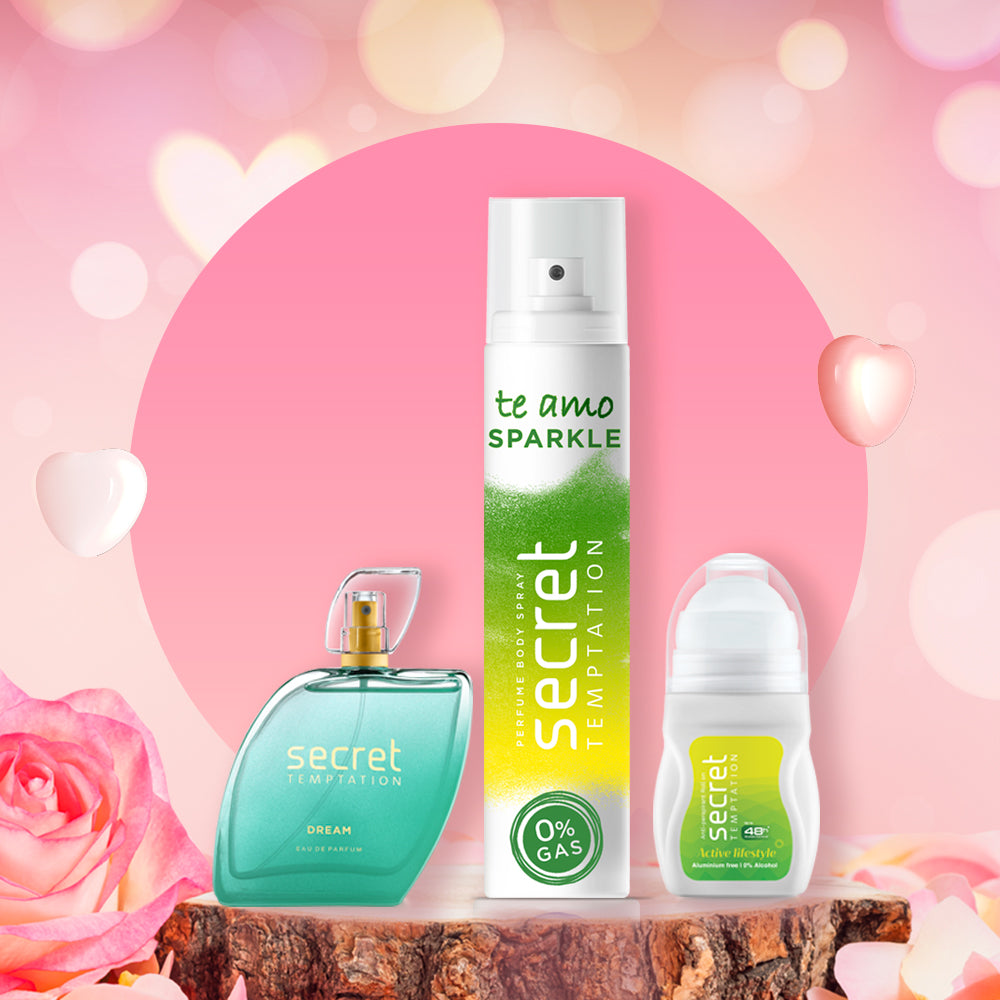 Valentine's Day Gift Box with Te Amo Sparkle 120ml, Active Lifestyle Roll On 50ml and Dream Perfume 50ml