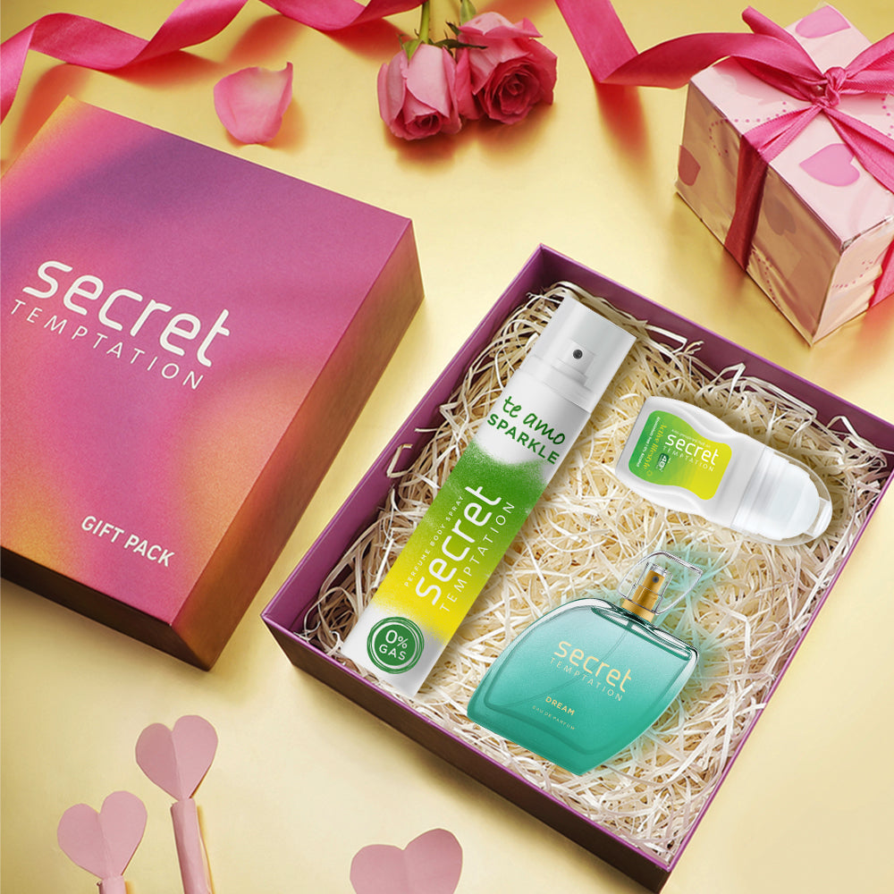 Valentine's Day Gift Box with Te Amo Sparkle 120ml, Active Lifestyle Roll On 50ml and Dream Perfume 50ml